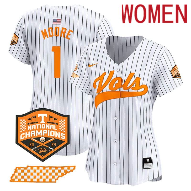 Women Tennessee Volunteers #1 Moore White Stripe 2024 Nike Champions Vapor Premier Limited NCAA Jersey->women nfl jersey->Women Jersey